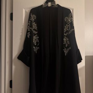 Black Embellished Open Front Abaya